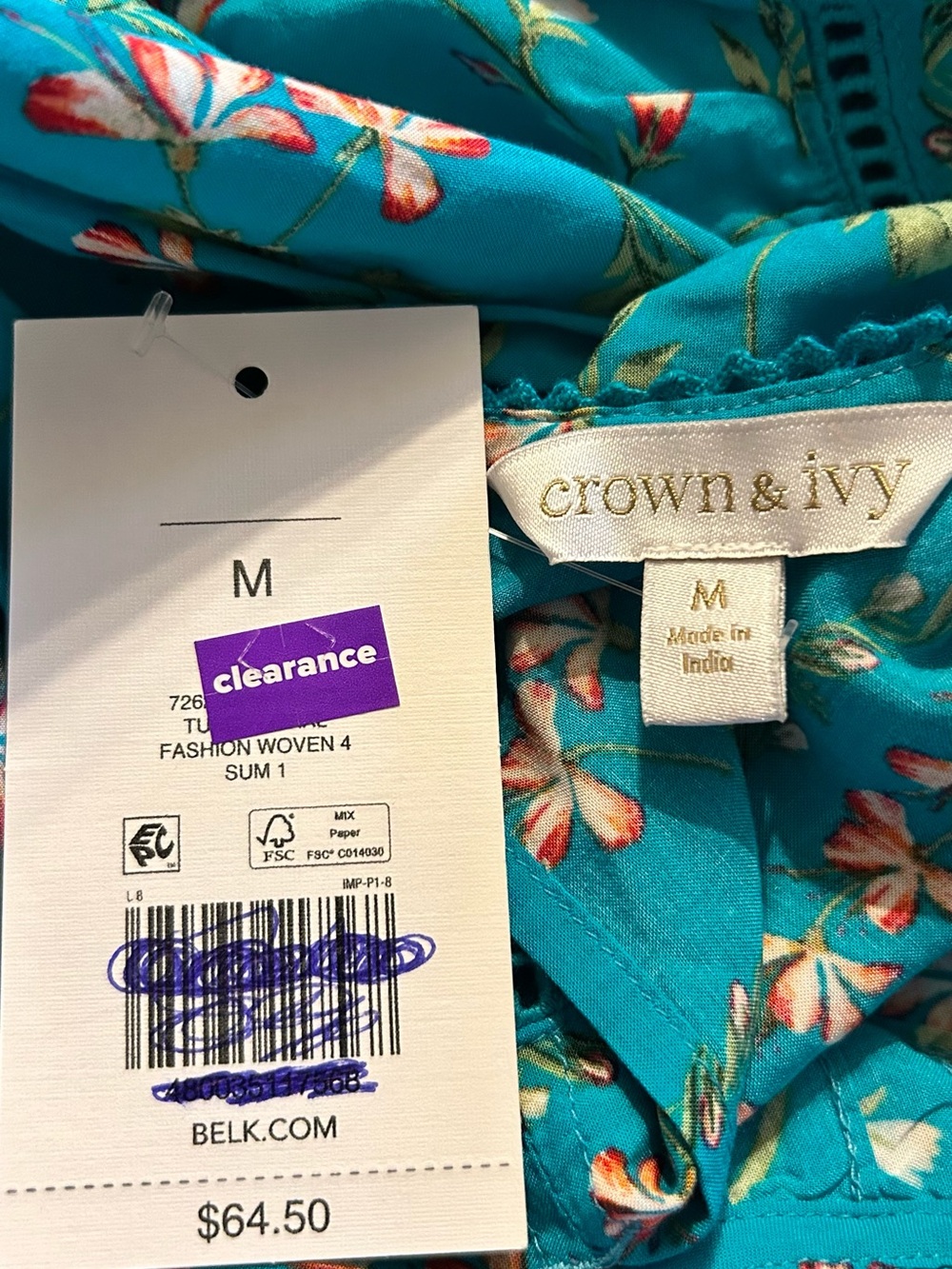 crown & ivy Teal Floral Peasant Blouse - Picture 3 of 4
